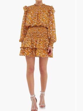 Endless Rose Mustard Floral Ruffle Long Sleeve Mini Dress